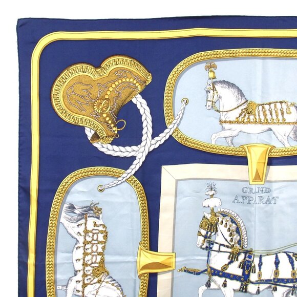 Hermes Blue and Gold Equestrian Scarf - Picture 2 of 9